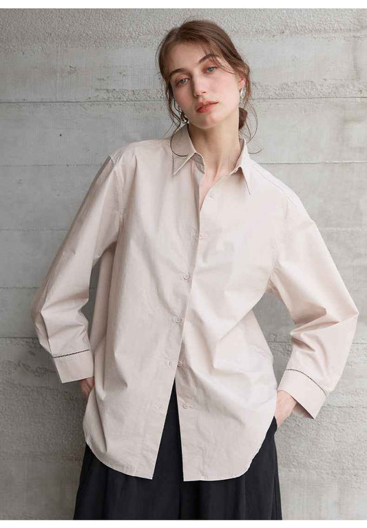 Women’s Autumn/Winter Cotton Long Sleeve Collared Shirt – Hollow Out Design