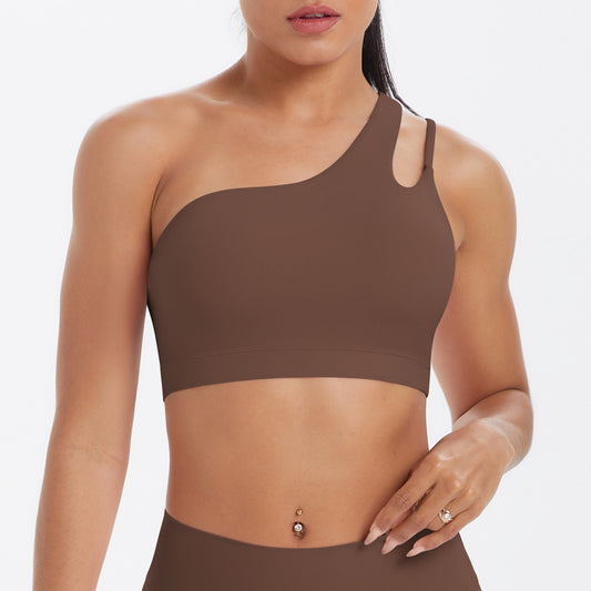 Solid Color One Shoulder Beauty Back Yoga Bra Nude Feel Push up Sports Bra Irregular Asymmetric Shoulder Strap Sports Vest for Women - Iyanka