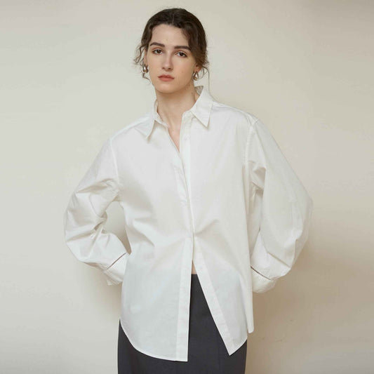 Women’s Autumn/Winter Cotton Long Sleeve Collared Shirt – Hollow Out Design