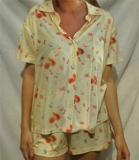 Short Sleeve Floral Print Slit Loose Short Sleeve Shorts Two Piece Sets Women Homewear - Iyanka