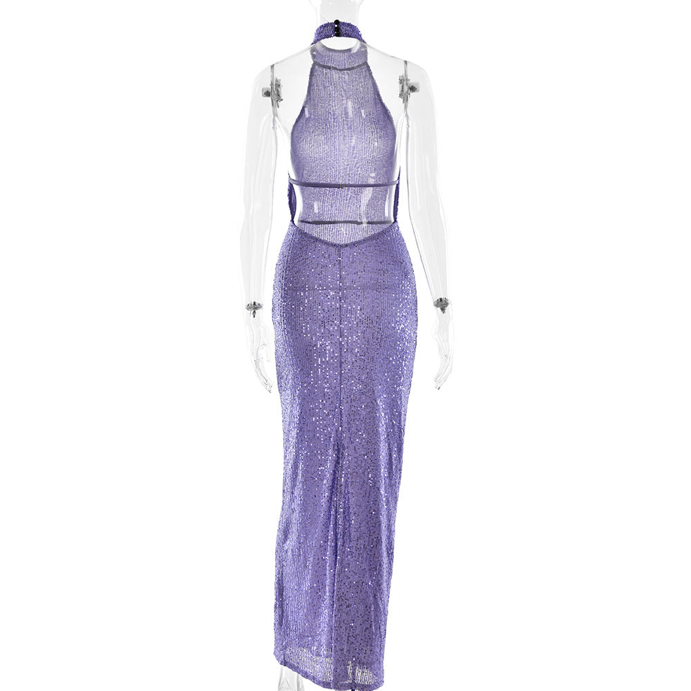 Summer Elegant Slim Women Dress Sexy Backless Sleeveless Sequined Sheath Dress