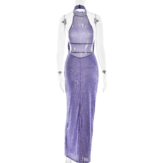 Summer Elegant Slim Women Dress Sexy Backless Sleeveless Sequined Sheath Dress