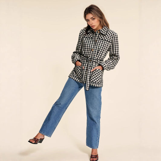 Women Wear Plaid Button Long Sleeve Peter Pan Collar Lace up All Match Slim Fit Cardigan Coat - Iyanka