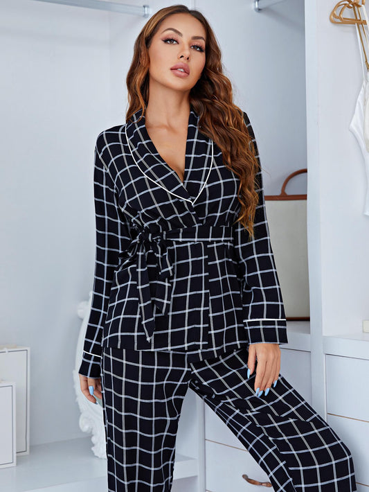 Pajamas Women Plaid Long Sleeve Deep V-neck Home Wear Can Be Twet Outfit outside - Iyanka