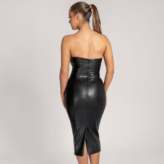 Autumn Winter Solid Color Faux Leather Elegant Slim-Fit Tube Top Back Slit Sexy Midi Dress - Iyanka