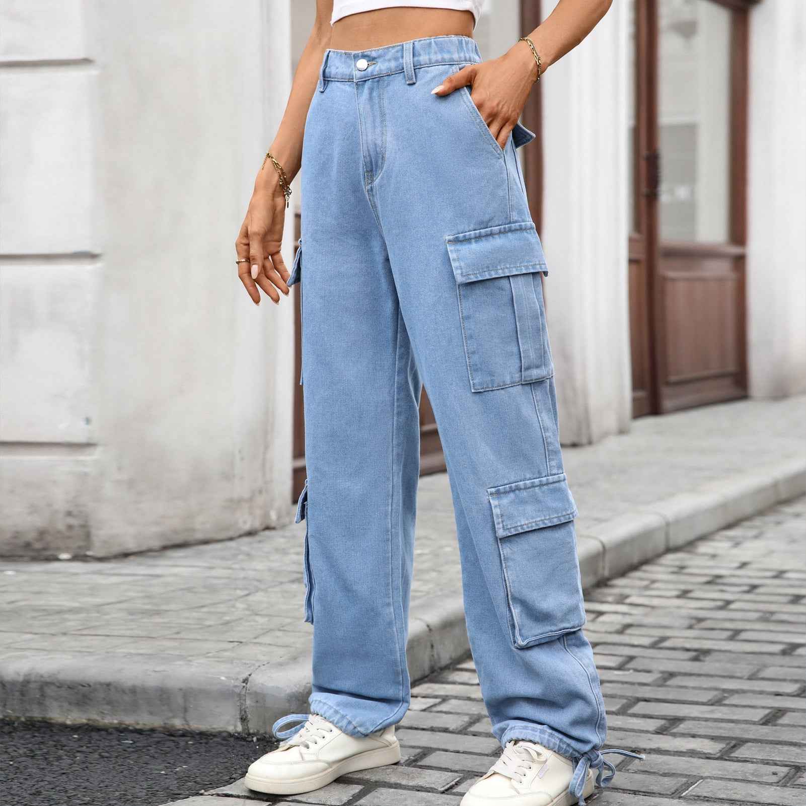 Women Loose Drawstring Design Denim Overalls Casual Sports