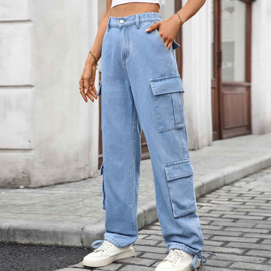 Women Loose Drawstring Design Denim Overalls Casual Sports