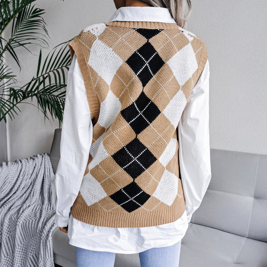 Autumn Winter College Rhombus V-neck Casual Loose Knit Vest Sweater Women Clothing - Iyanka