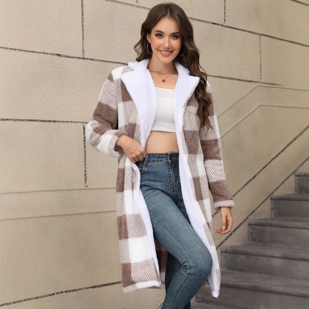 Thickened Two Tone Plush Mid Length Hooded Button Cardigan Coat Overcoat - Iyanka