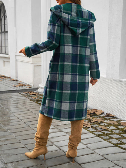 Women Autumn Winter Clothing Casual Loose Contrast Color Breasted Hooded Jacket - Iyanka