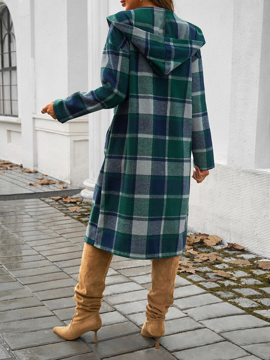 Women Autumn Winter Clothing Casual Loose Contrast Color Breasted Hooded Jacket - Iyanka