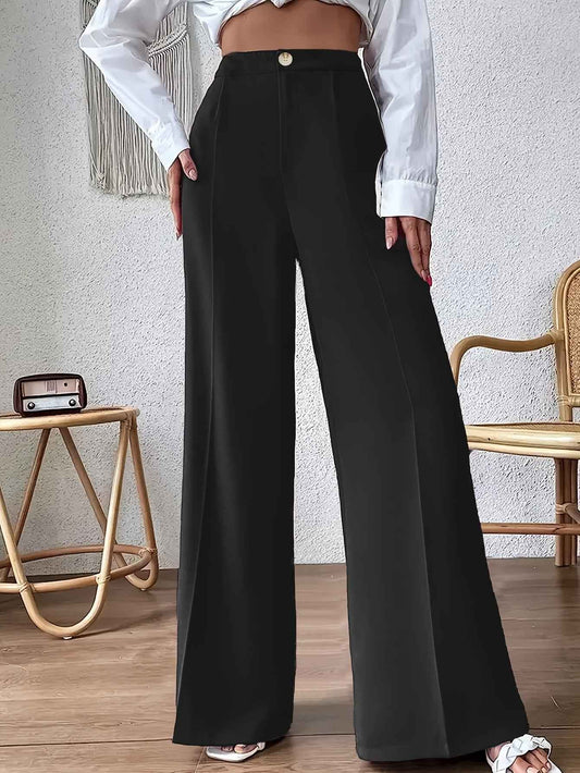 Solid Color Wide Leg Pull-Button Work Pants