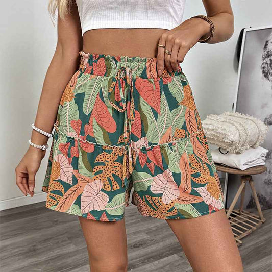 Tropical Plant Holiday Floral Print Pants Summer Elastic Shorts Wide Leg Pants Women