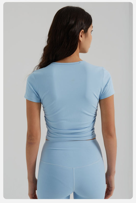 Nude Feel Yoga Clothes Women Slim Fit Pleating Stretchy Slim Fit Sports Yoga Short Sleeve Summer Breathable Workout Top - Iyanka