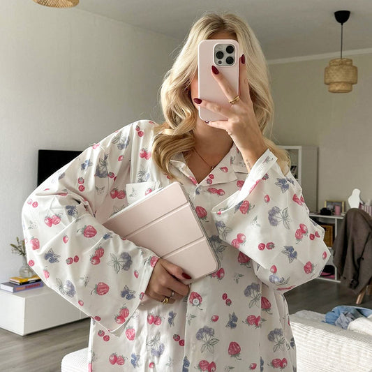 Autumn Knitted Cardigan Heart Printing Pajamas Two Piece Set Casual Comfortable Ladies Homewear - Iyanka
