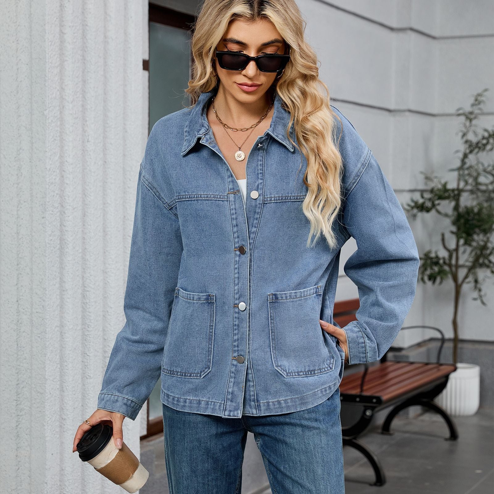 Women Clothing Retro Loose Casual Long Sleeve Coat Early Autumn Polo Collar Denim Coat - Iyanka