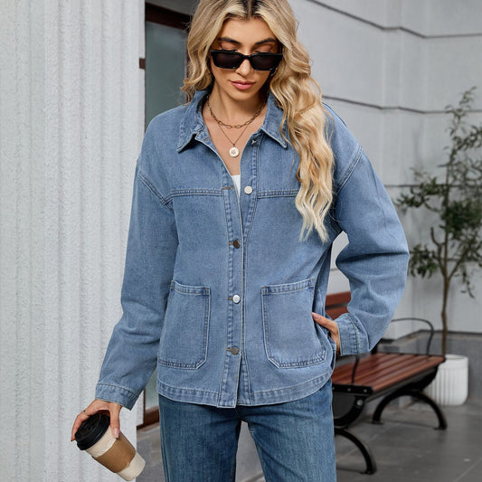 Women Clothing Retro Loose Casual Long Sleeve Coat Early Autumn Polo Collar Denim Coat - Iyanka