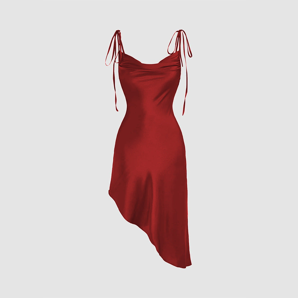 Popular Satin Sling Swing Collar Waist Tight Flab Hiding Design Irregular Asymmetric Hem Dress - Iyanka