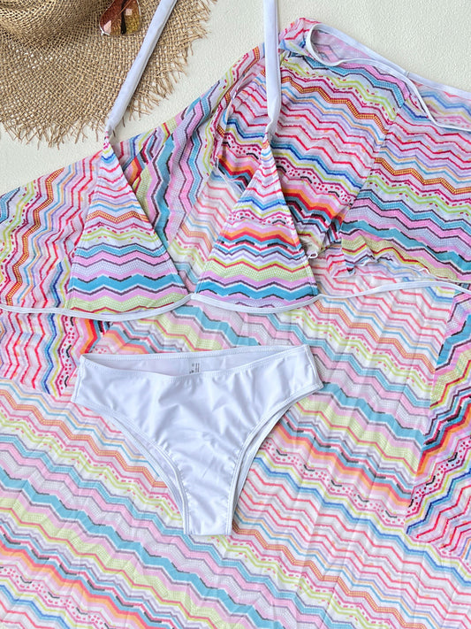 Sexy Bikini Skirt Three Piece Sets Striped Printed High Waist Split Swimsuit Women - Iyanka