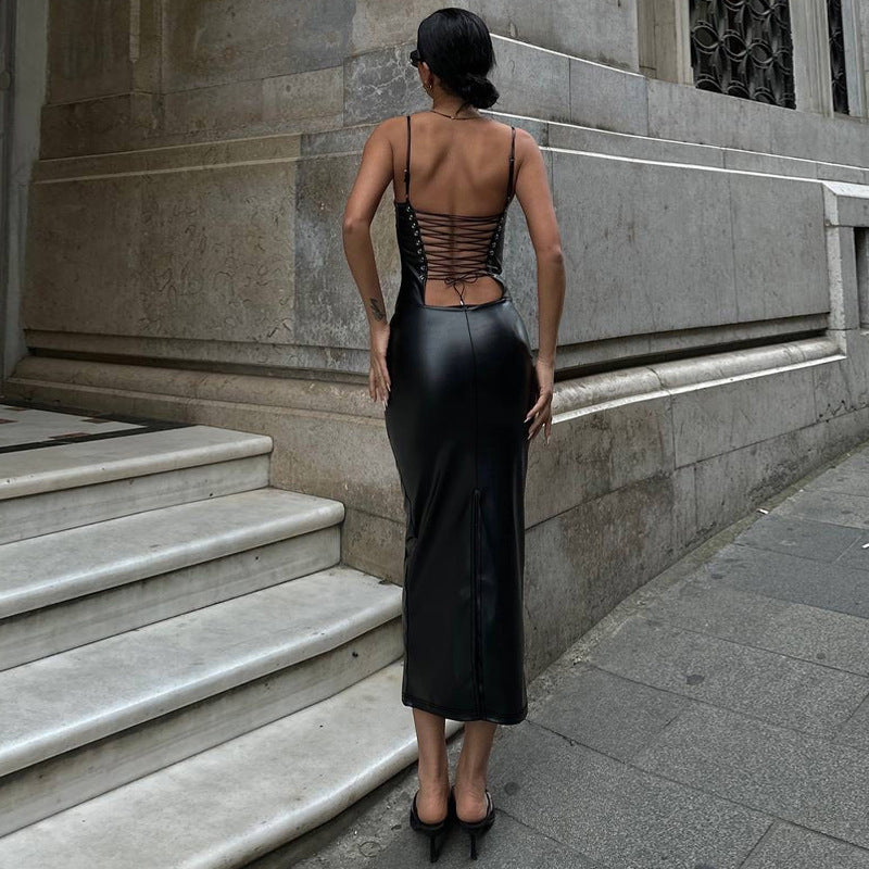 Women Clothing Summer Faux Leather Sexy Backless Lace Up Tight Waist Sheath Split Sling Dress - Iyanka