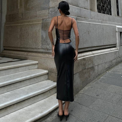 Women Clothing Summer Faux Leather Sexy Backless Lace Up Tight Waist Sheath Split Sling Dress - Iyanka