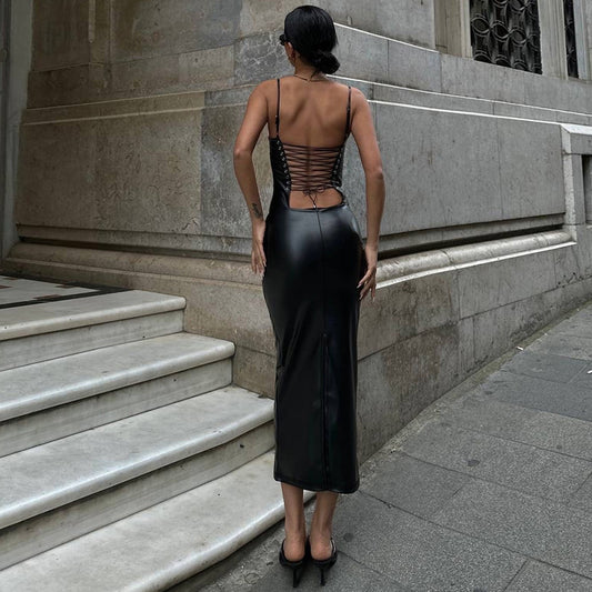 Women Clothing Summer Faux Leather Sexy Backless Lace Up Tight Waist Sheath Split Sling Dress - Iyanka