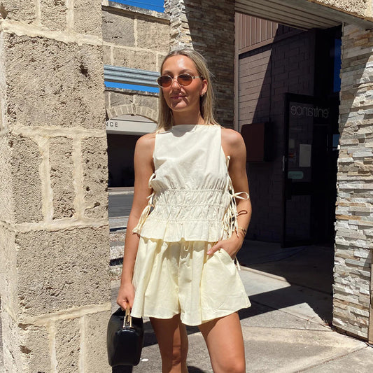 Women Clothing Vest Shorts Set round Neck Design Sleeveless Lace up Top Two Piece Set - Iyanka