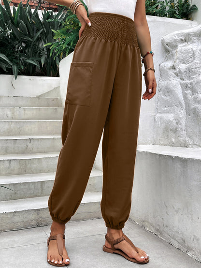 Women Clothing Elastic Waist High Waist Wide Leg Ankle Length Pants - Iyanka