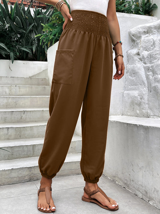Women Clothing Elastic Waist High Waist Wide Leg Ankle Length Pants - Iyanka