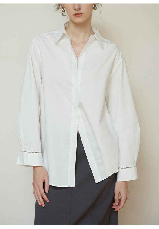 Women’s Autumn/Winter Cotton Long Sleeve Collared Shirt – Hollow Out Design
