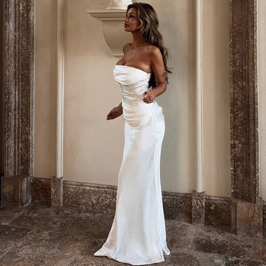 Summer Women Solid Color Graceful Satin Pleated Slim Tube Top Dress - Iyanka