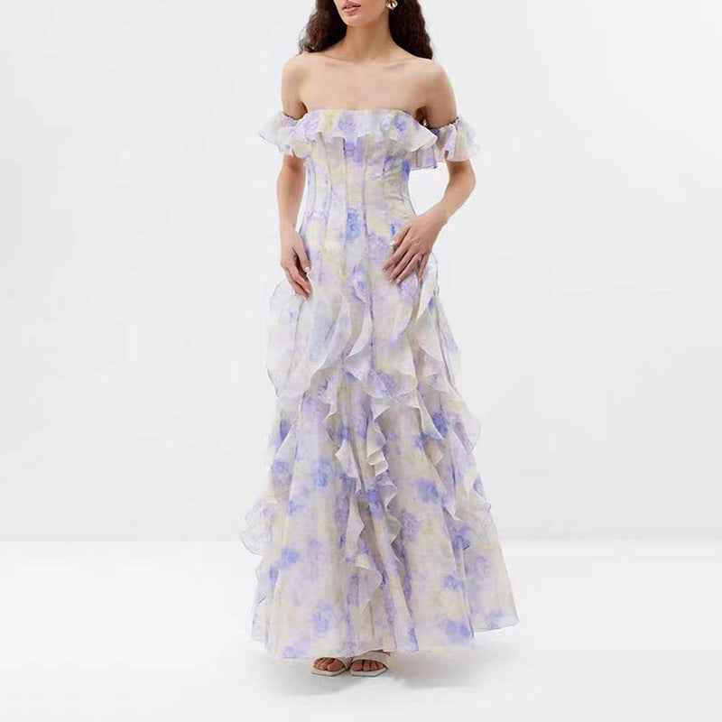 Fairy Floral God Tube Top Printed Ruffled Dress Summer Formal Wear with Waist Control and Large Hem for Women