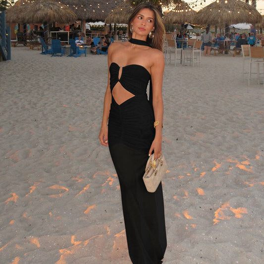 Mesh Stitching Dress Summer Women Clothing Pleated Hollow Out Cutout Sexy Tube Top Dress