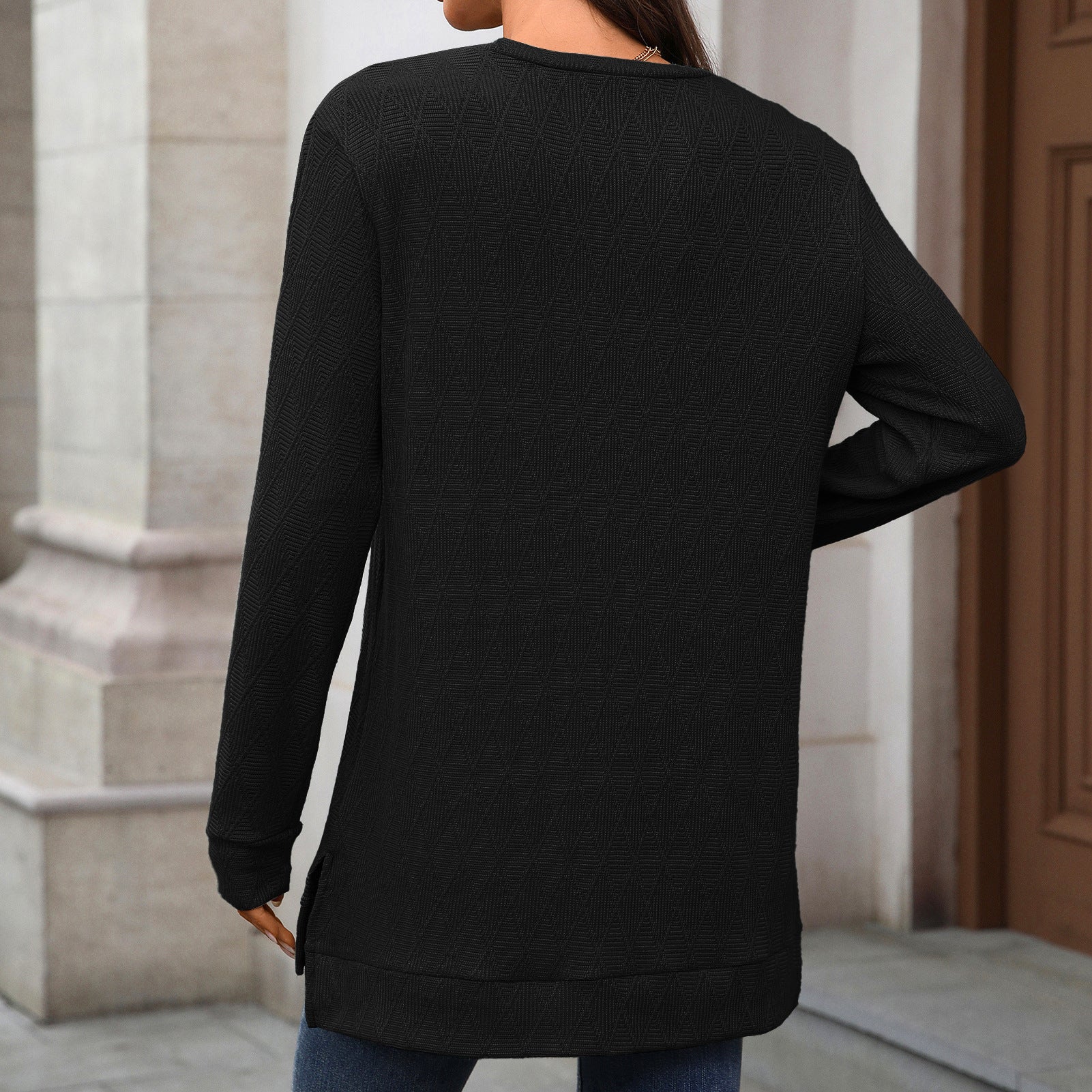 Autumn Winter round Neck Geometric Abstract Jacquard Loose Fitting Long Sleeved T shirt Top Women - Iyanka