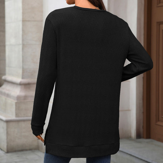 Autumn Winter round Neck Geometric Abstract Jacquard Loose Fitting Long Sleeved T shirt Top Women - Iyanka