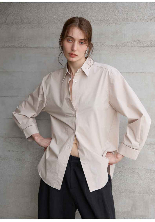 Women’s Autumn/Winter Cotton Long Sleeve Collared Shirt – Hollow Out Design