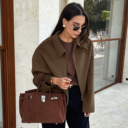 Autumn Winter Polo Collar Long Sleeve Zipper Woolen Coat Loose Casual Women Jacket - Iyanka