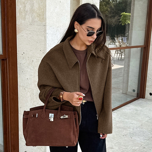 Autumn Winter Polo Collar Long Sleeve Zipper Woolen Coat Loose Casual Women Jacket - Iyanka