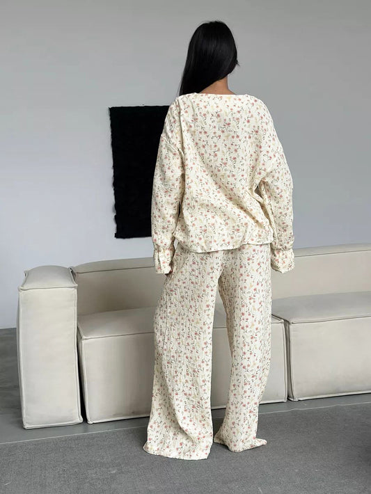 Loose Comfortable Homewear Spring Pure Cotton Printed Long Sleeved Trousers Comfortable Pajamas Women - Iyanka