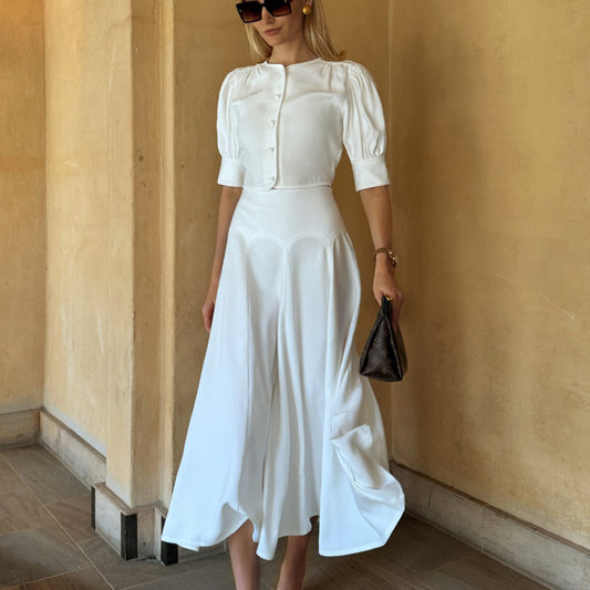 Women Clothing Satin High Grade Skirt Set round Neck Short Sleeve Cardigan Top Elegant Two Piece Set - Iyanka