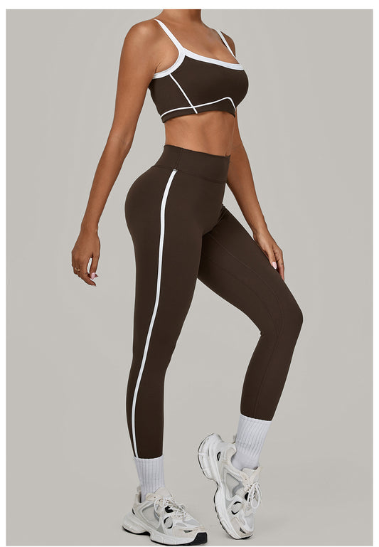 Autumn Sand Color Contrast Patchwork Yoga Suit Skinny Slimming Outdoor Sports Running Fitness Two Piece Sets - Iyanka