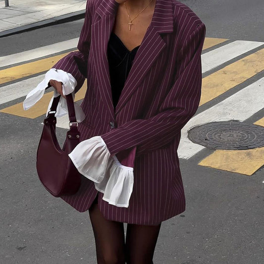Spring Autumn Elegant Striped Blazer Women Design Lace Bell Sleeve Loose Casual - Iyanka
