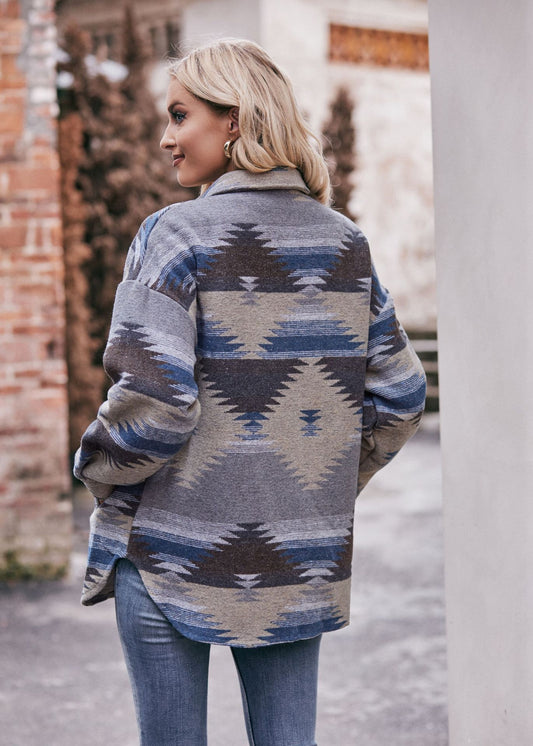 Women Autumn Winter Aztec Geometric Abstract Jacket Shirt Collared Woolen Coat - Iyanka
