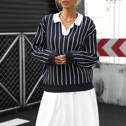 Autumn College Casual Street Trendy Polo Collar Stripes Women Sweater - Iyanka