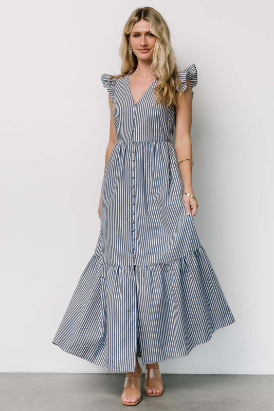 Women Clothing Striped Print Holiday Maxi Dress Bohemian V neck Shirt Dress