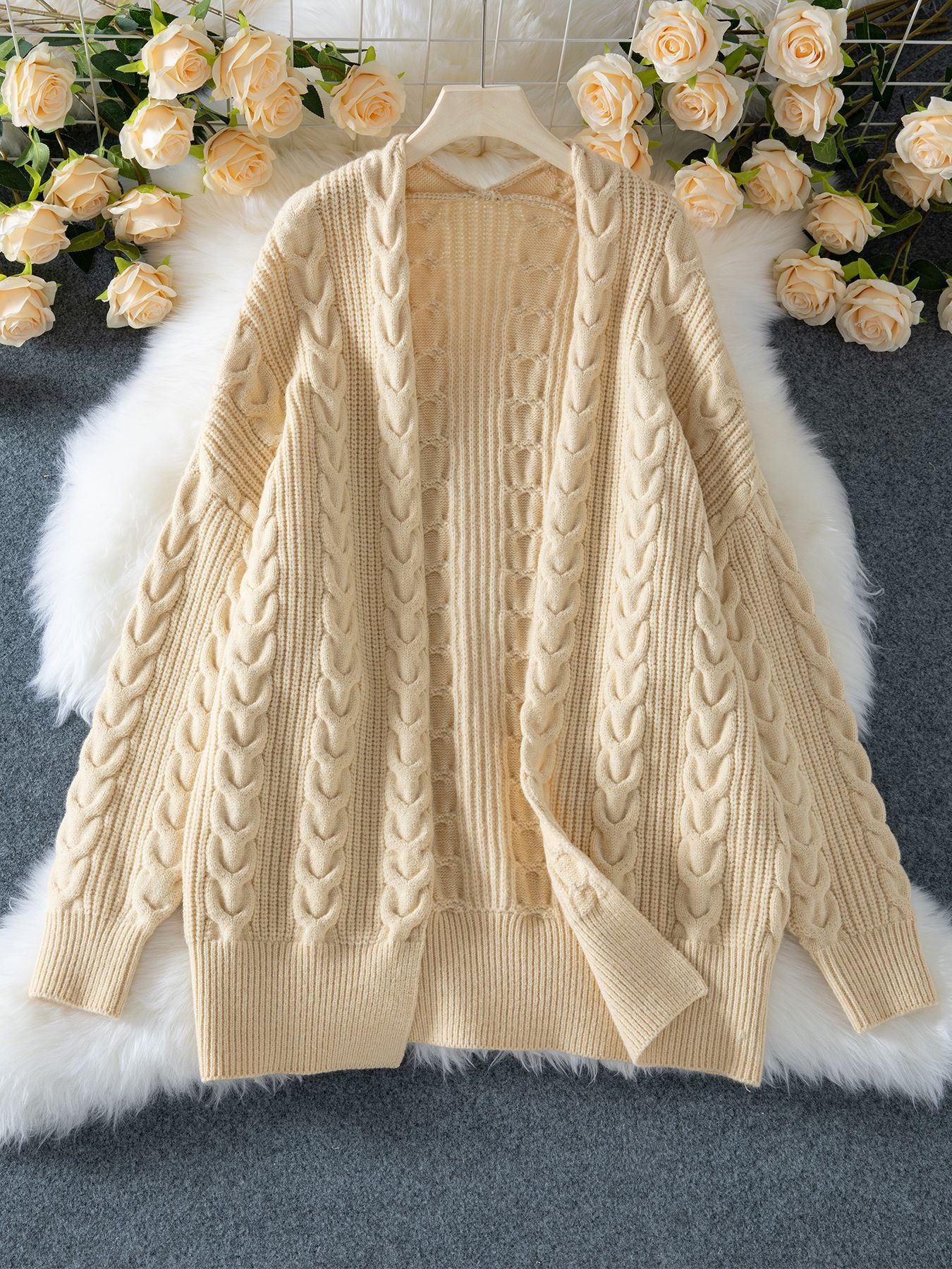 Autumn Winter Mid Length Knitted Cardigan Retro Thick Loose Cable Knit Sweater Coat for Women - Iyanka