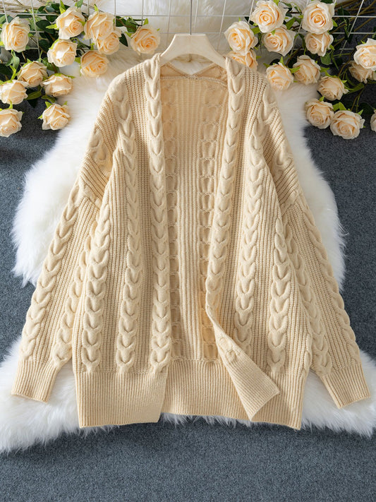 Autumn Winter Mid Length Knitted Cardigan Retro Thick Loose Cable Knit Sweater Coat for Women - Iyanka