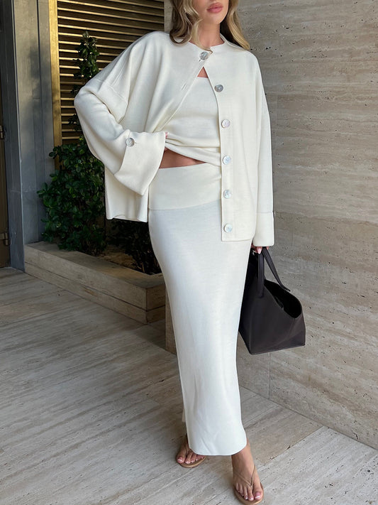 Knitted Long Sleeve Cardigan Camisole Skirt Set Women Autumn Winter Sweater Three Piece Set - Iyanka