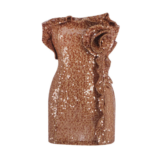 Premium Brown Sequined Evening Dress Three Dimensional Floral Ruffled Design Star Same Slim Fit Dress - Iyanka