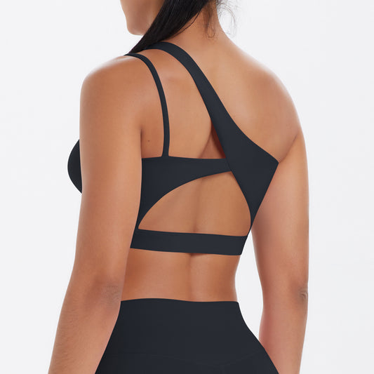 Solid Color One Shoulder Beauty Back Yoga Bra Nude Feel Push up Sports Bra Irregular Asymmetric Shoulder Strap Sports Vest for Women - Iyanka